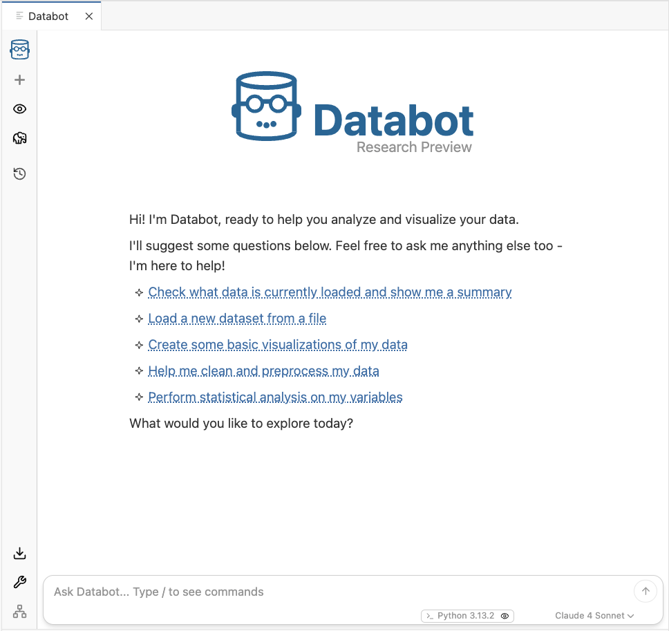 Welcome page of Databot and suggested first actions to take, like checking loaded data or loading new data