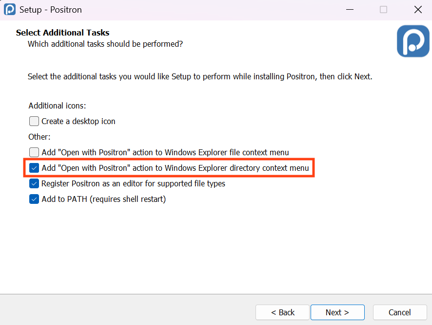 Checkbox for ‘Add “Open with Positron” action to Windows File Explorer directory context menu’