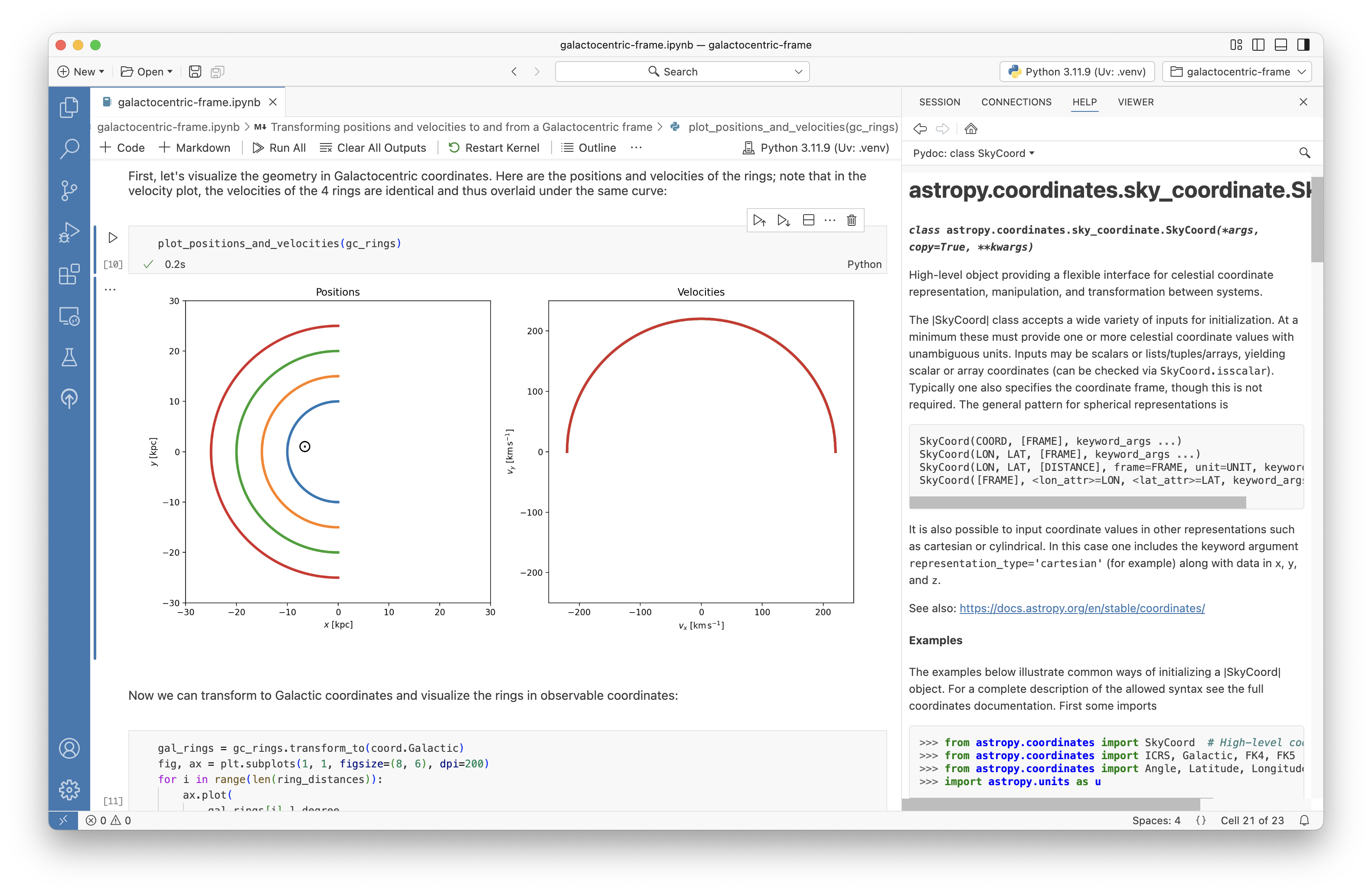 An example of a Jupyter Notebook in Positron, with interactive code, rich outputs, and the integrated Help Pane.