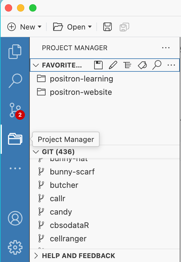 Project Manager in the Activity Bar