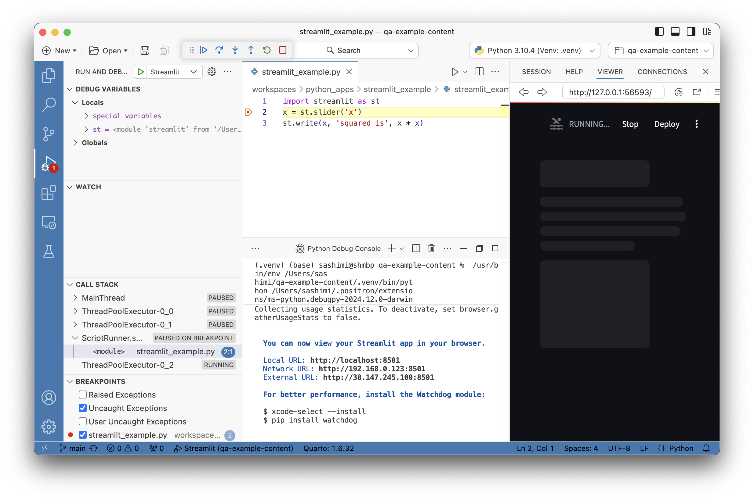A Streamlit app running in debug mode; paused at a breakpoint