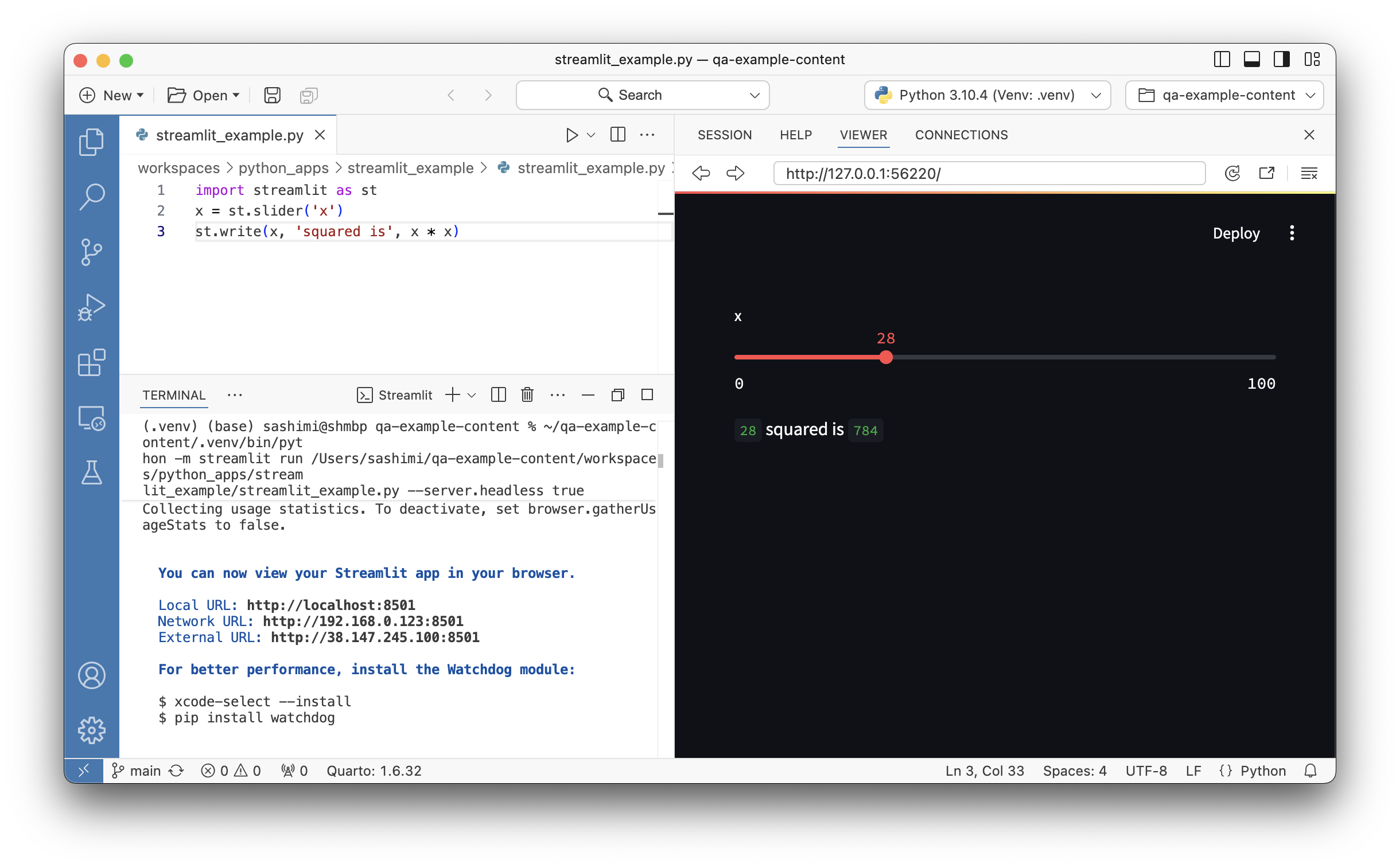 A Streamlit app in the Positron Viewer