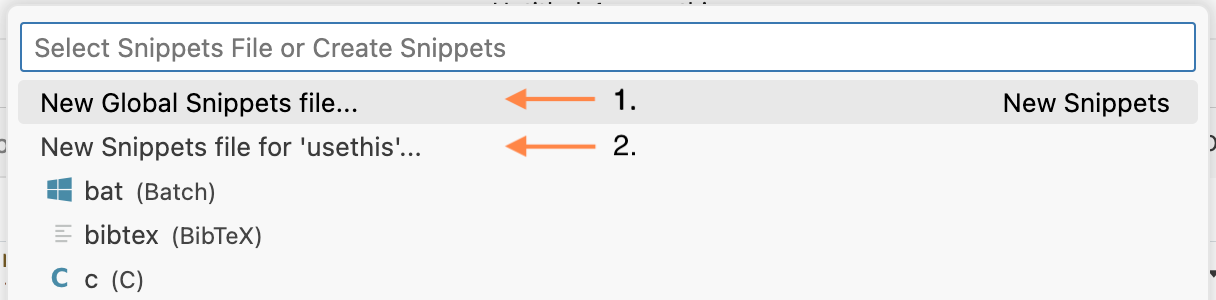 Menu with options for “New Global Snippets file” and “New Snippets file for ‘MyProject’”